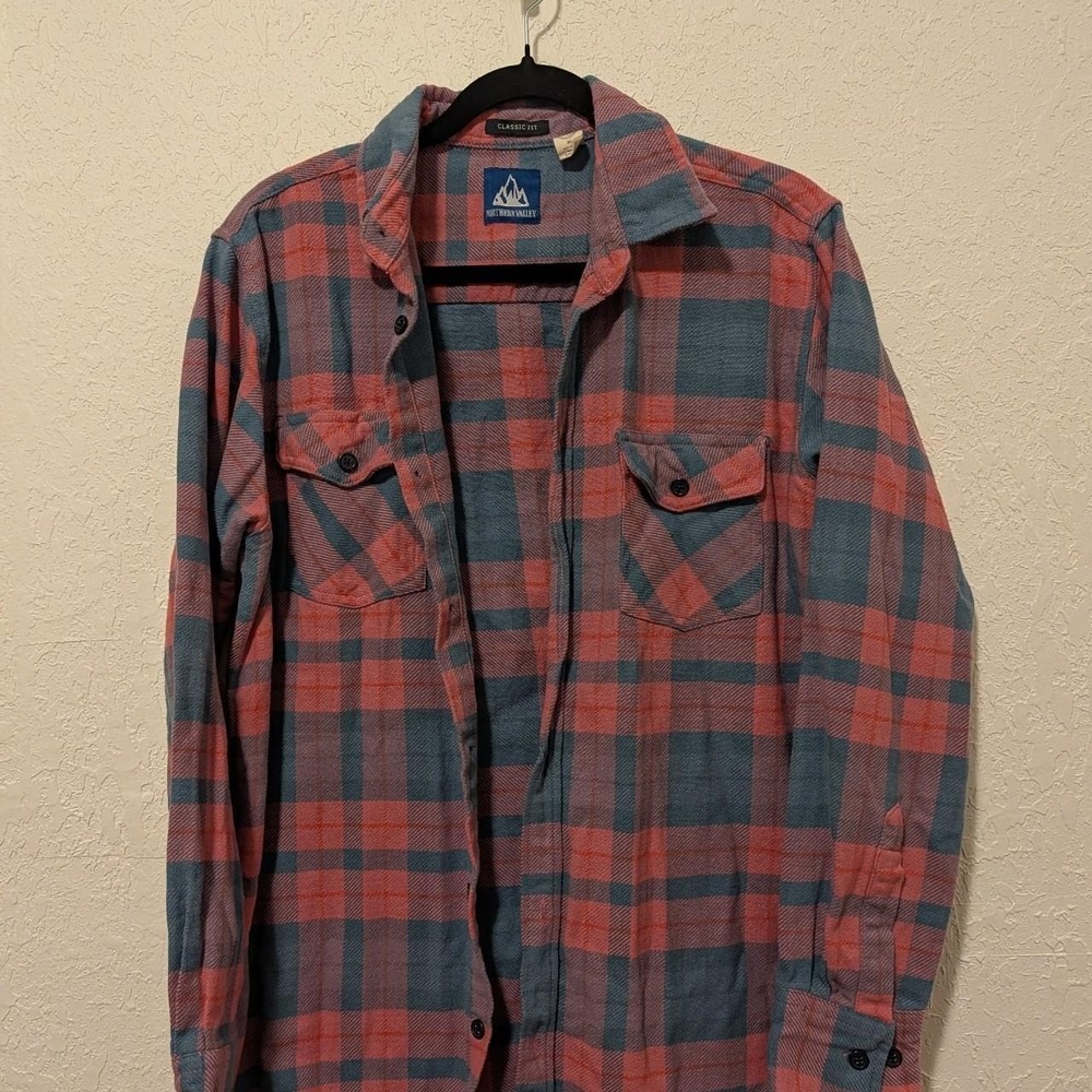 Mens Northern Valley Pink Blue Flannel Shirt M Excellent Vintage Plaid Button Up